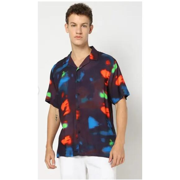 RSQ Multi-color Rayon Camp Shirt M Heat Map Abstract Cuban Aloha Vibrant Tie Dye - Picture 4 of 13